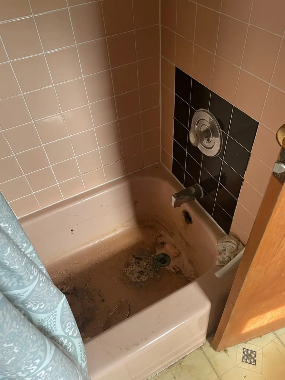Downsizing or retiring in Massapequa: salmon-tiled tub with a stained, dirty basin