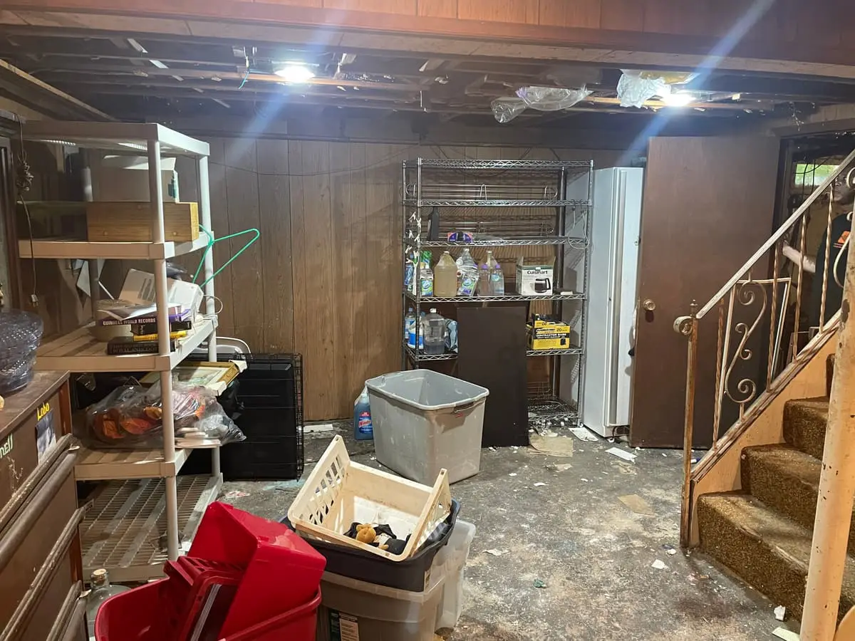 Dealing with squatters or holdover tenants in Massapequa: wood-paneled basement with debris on the floor